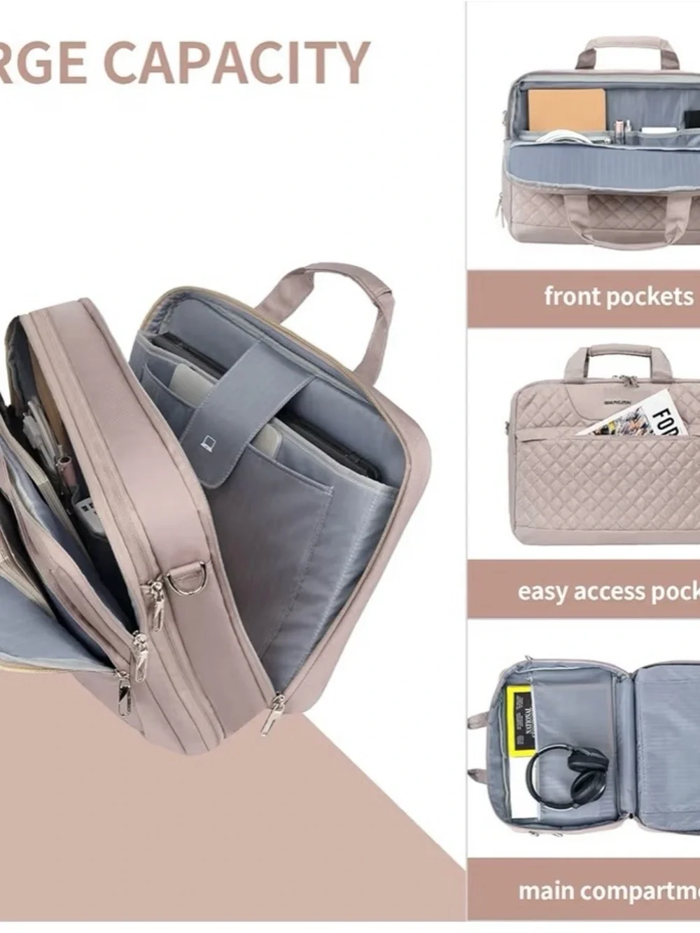 Dusty Pink Quilted Women's Laptop Briefcase